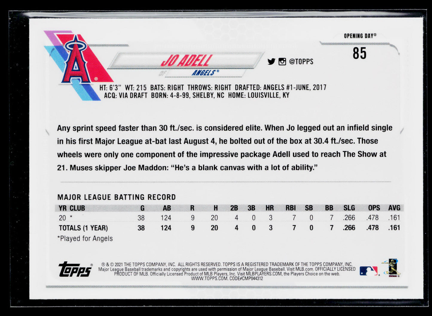 2021 Topps Opening Day Jo Adell Rookie #85