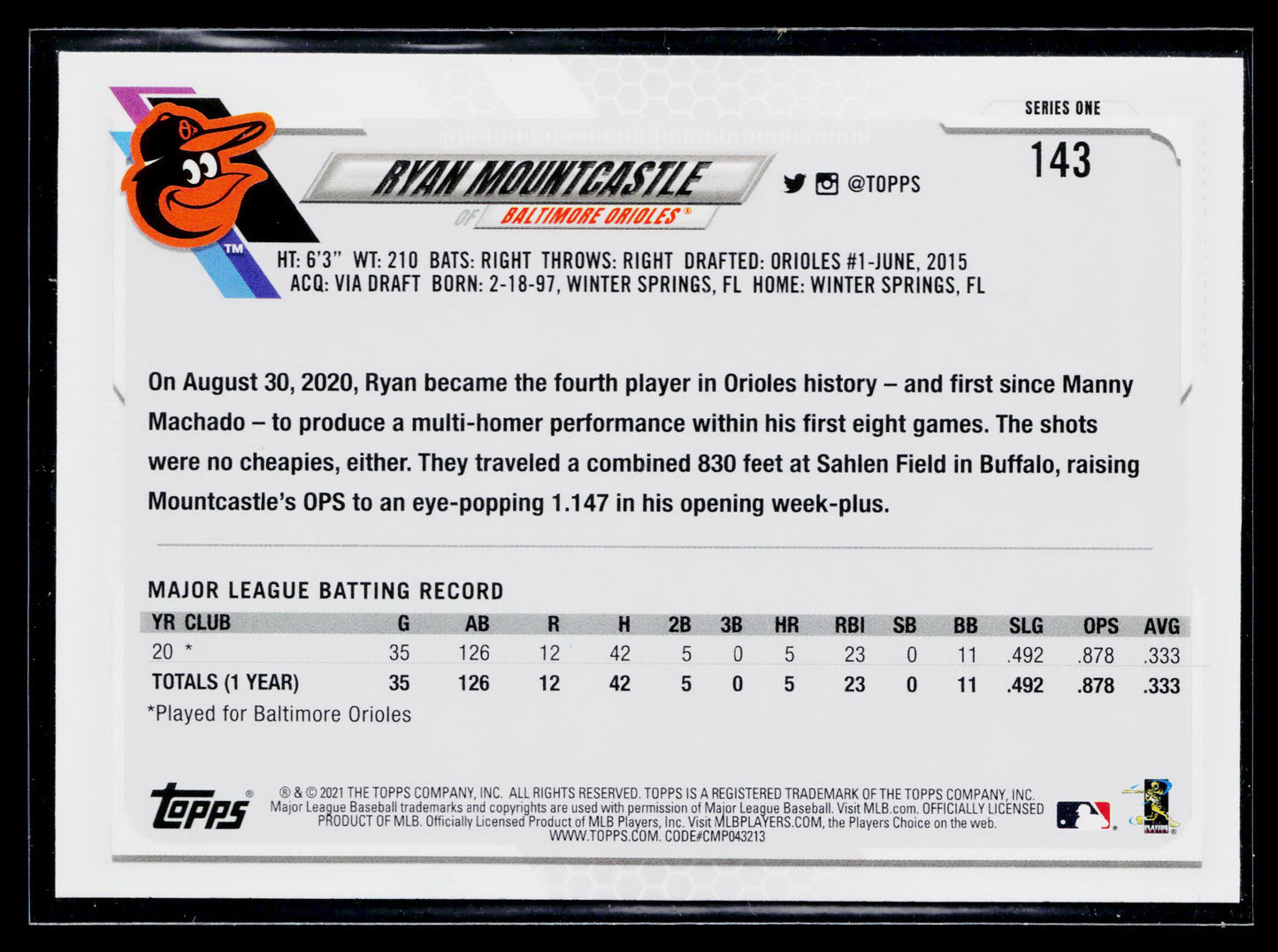 2021 Topps Ryan Mountcastle Rookie #143