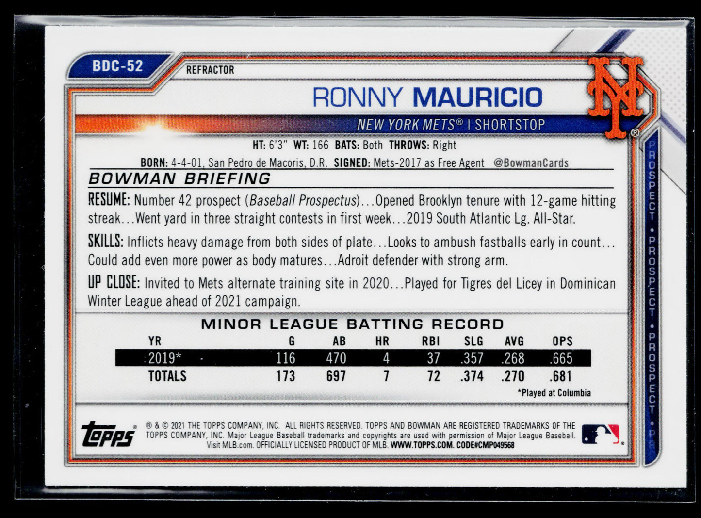 2021 Bowman Draft Ronny Mauricio Chrome #BDC-52