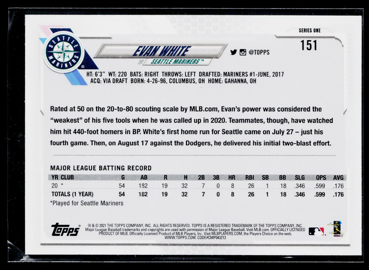 2021 Topps Evan White Rookie #151