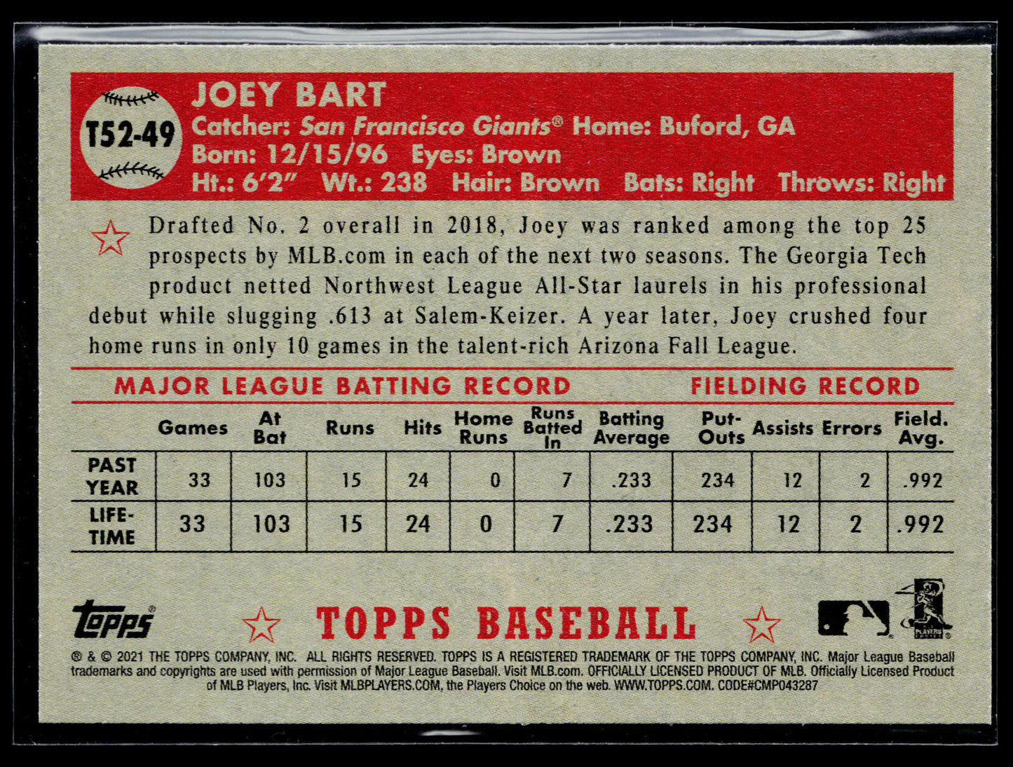 2021 Topps Joey Bart 1952 Topps Redux #T52-49