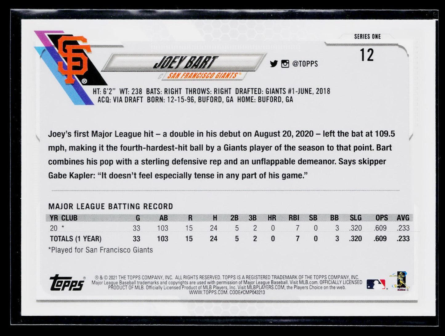 2021 Topps Joey Bart Rookie #12