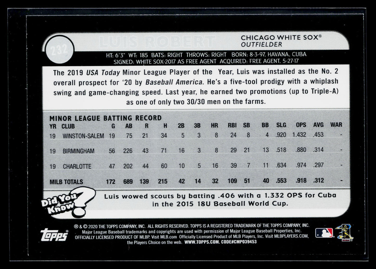 2020 Topps Big League Luis Robert Rookie #232