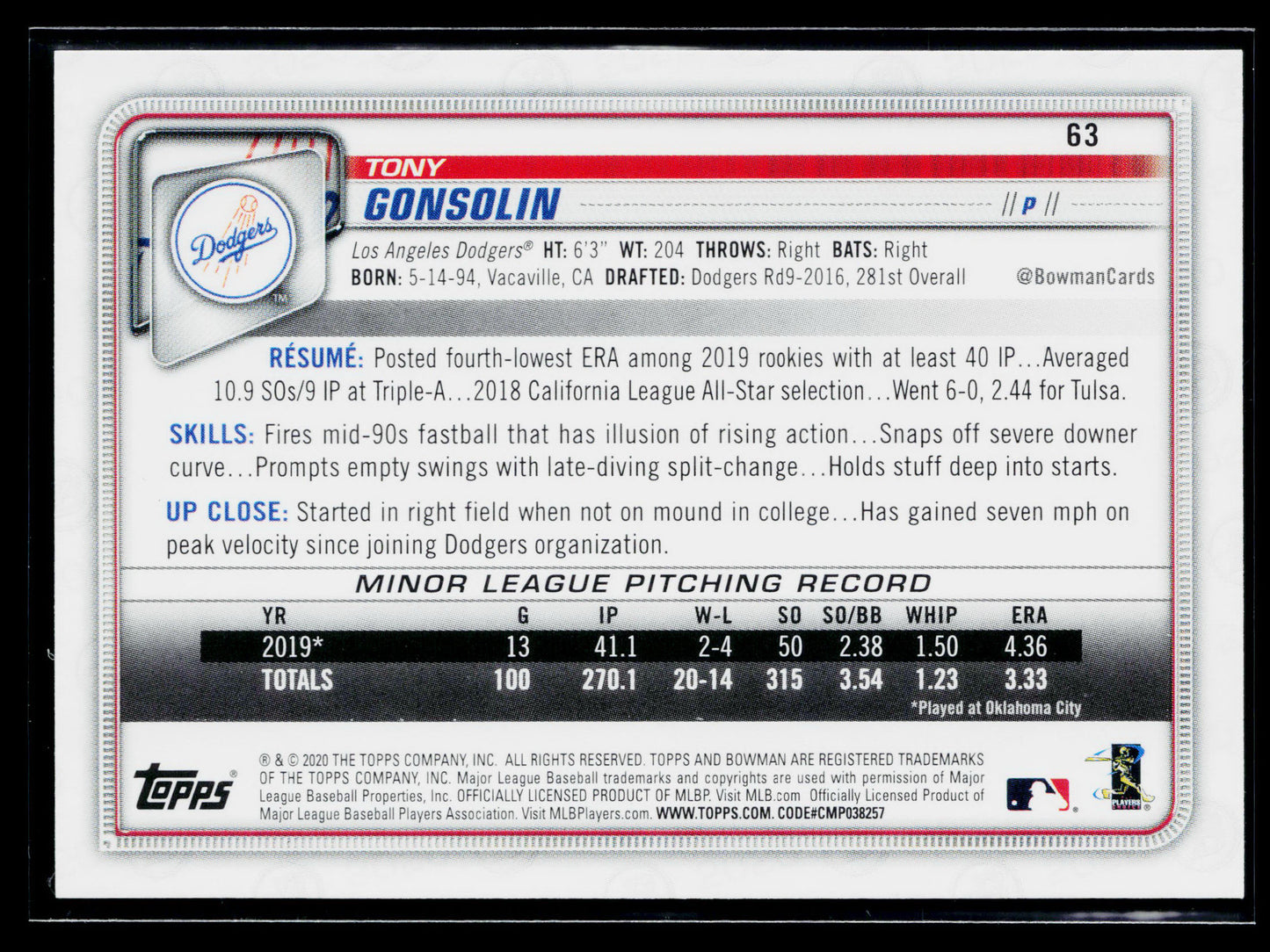 2020 Bowman Tony Gonsolin Rookie #63