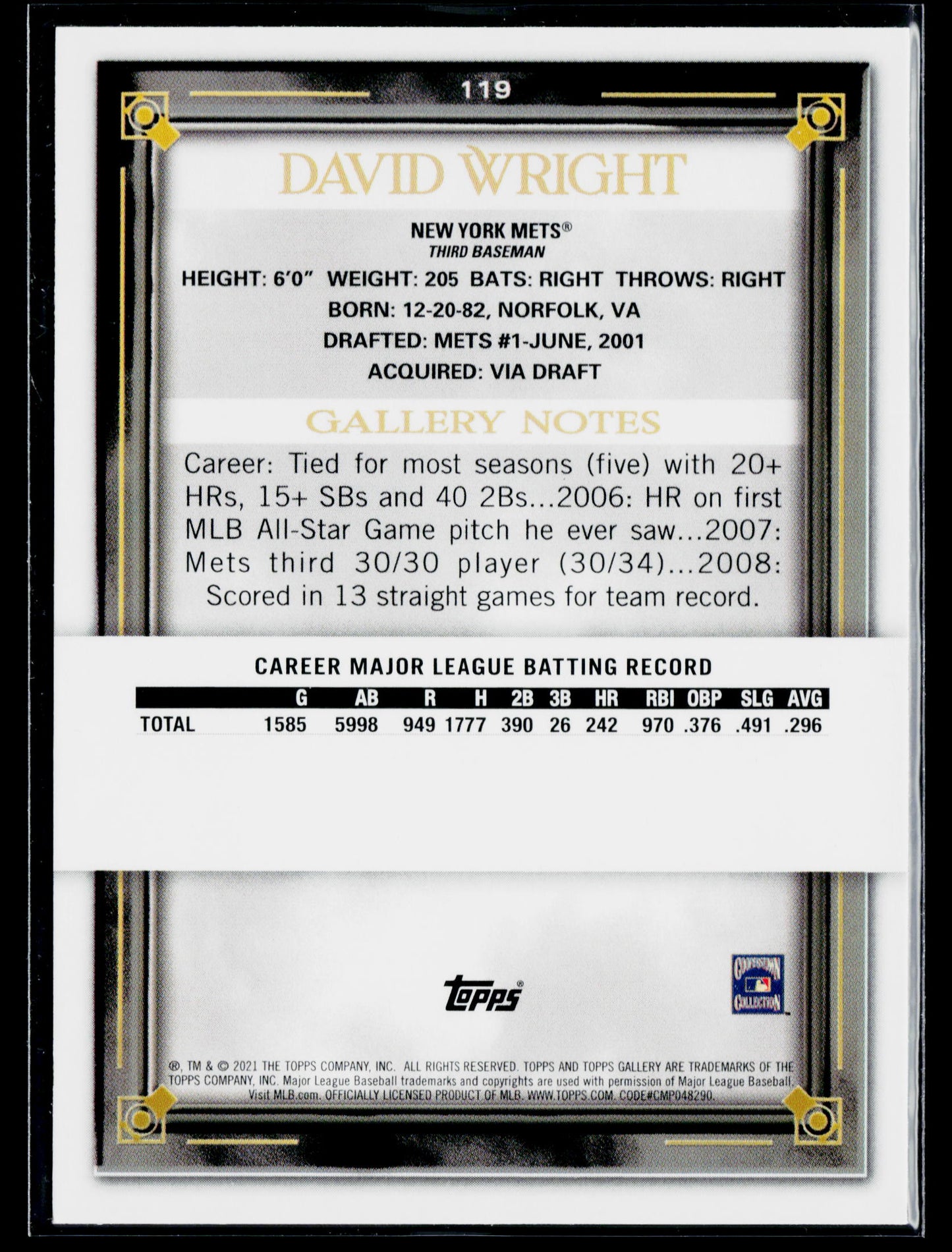 2021 Topps Gallery David Wright Rainbow Foil #119