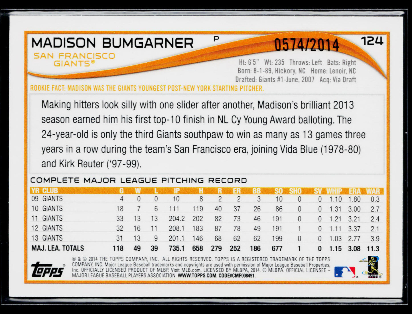 2014 Topps Opening Day Madison Bumgarner Blue #/2014 #124