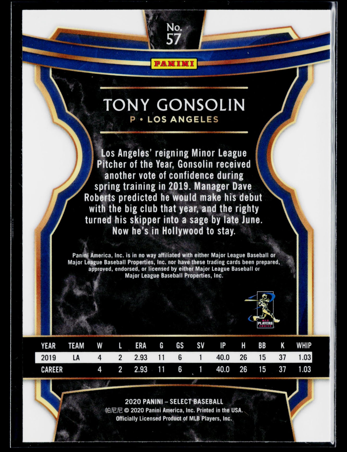 2020 Panini Select Tony Gonsolin Rookie #57