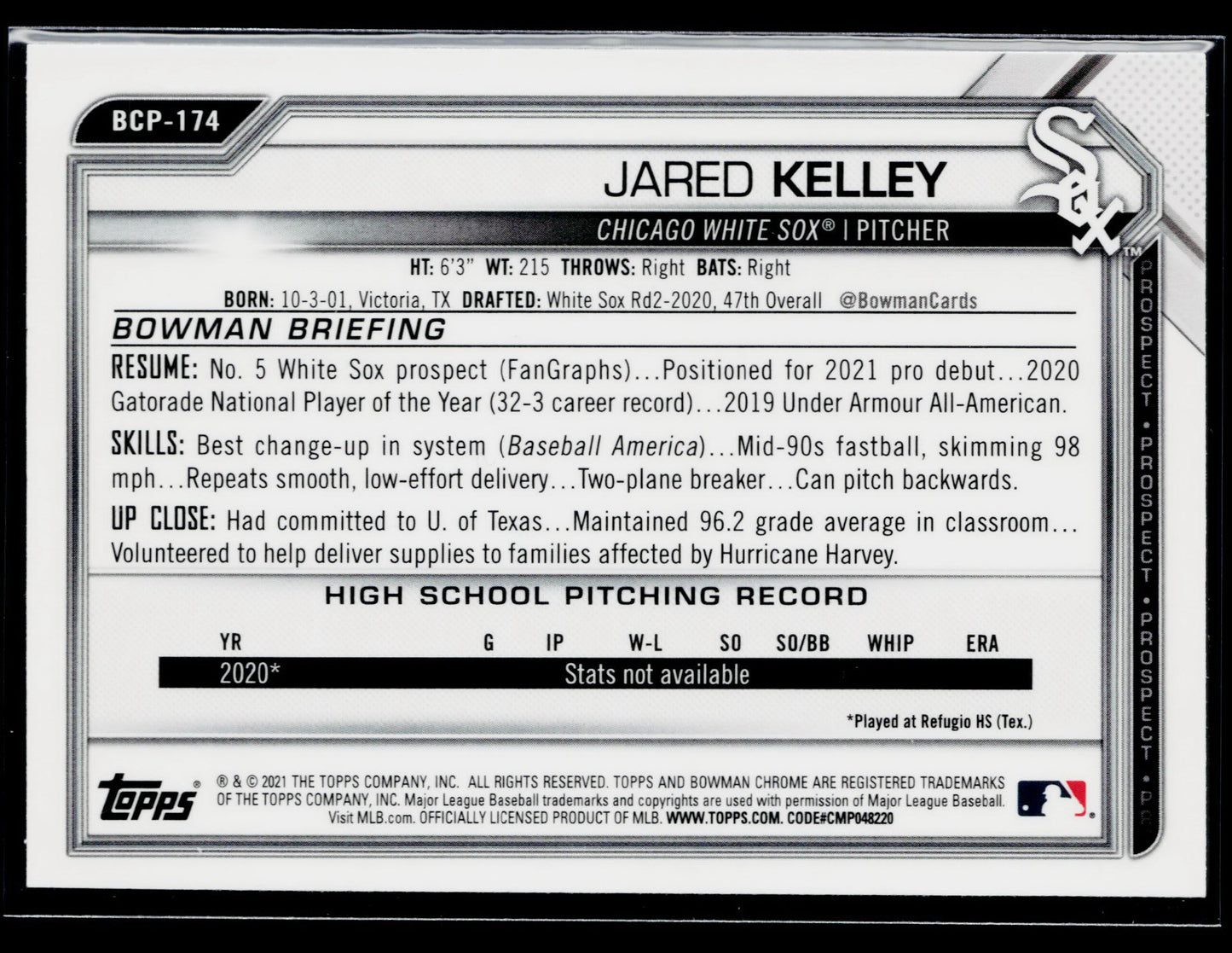 2021 Bowman Chrome Jared Kelley Prospects Mojo Refractor #BCP-174