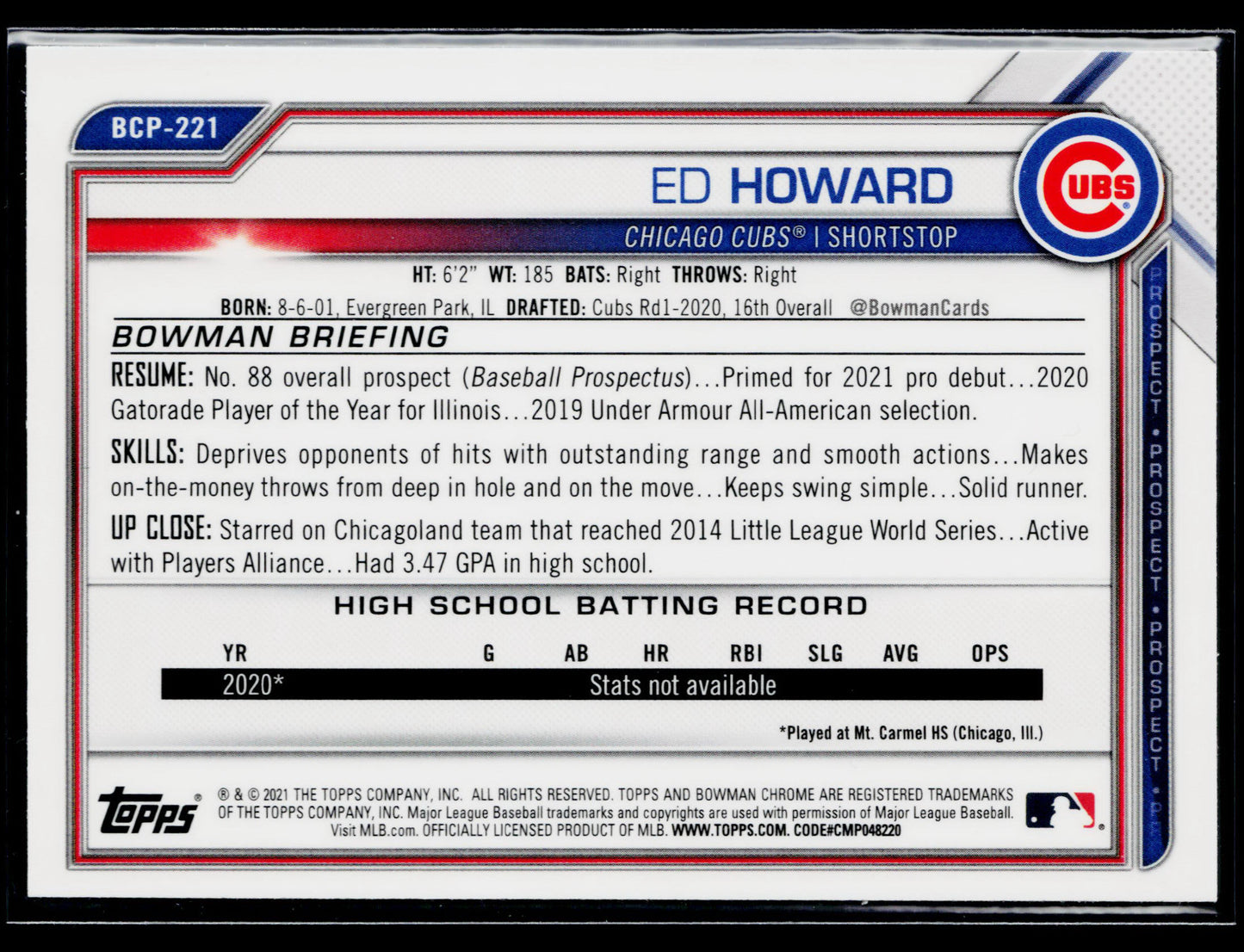 2021 Bowman Chrome Ed Howard Prospects Mojo Refractor #BCP-221