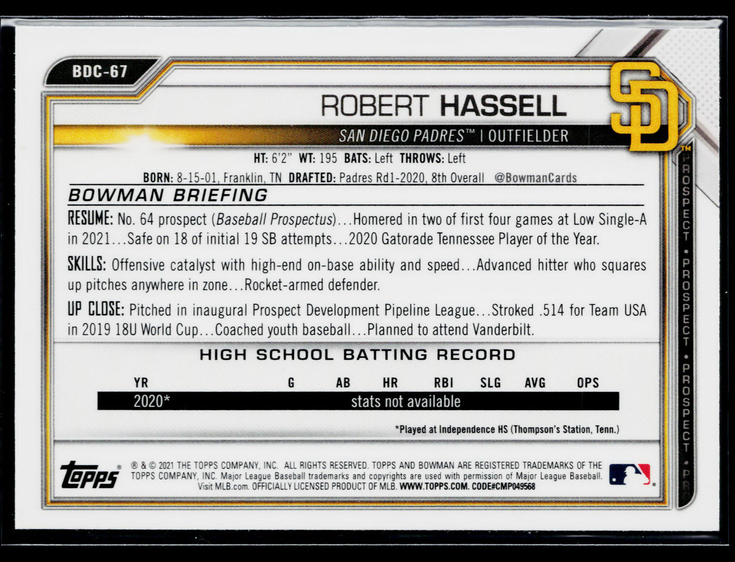 2021 Bowman Draft Robert Hassell Chrome Black & White RayWave Refractor #BDC-67