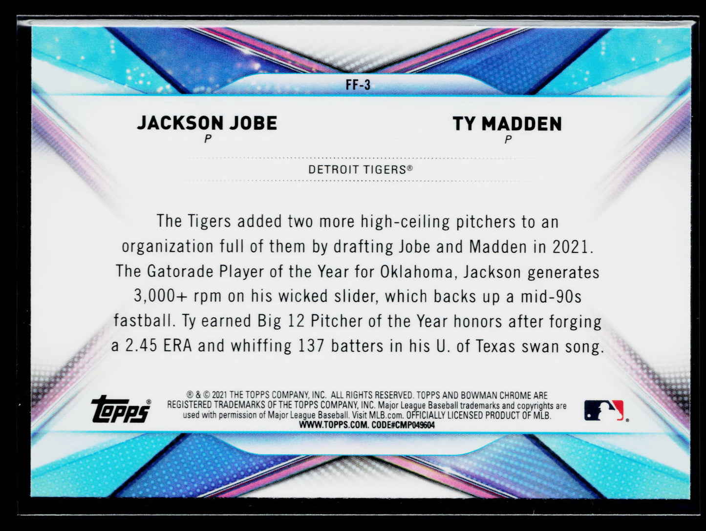 2021 Bowman Draft Jackson Jobe / Ty Madden Franchise Futures #FF-3