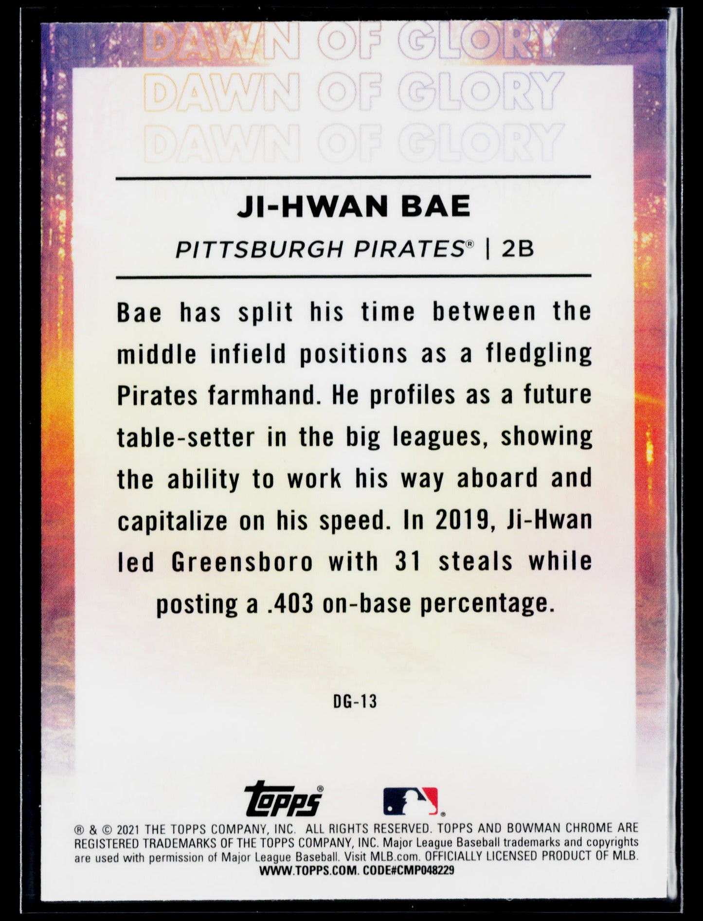 2021 Bowman Chrome Ji-Hwan Bae Dawn of Glory Mojo Refractor #DG-13
