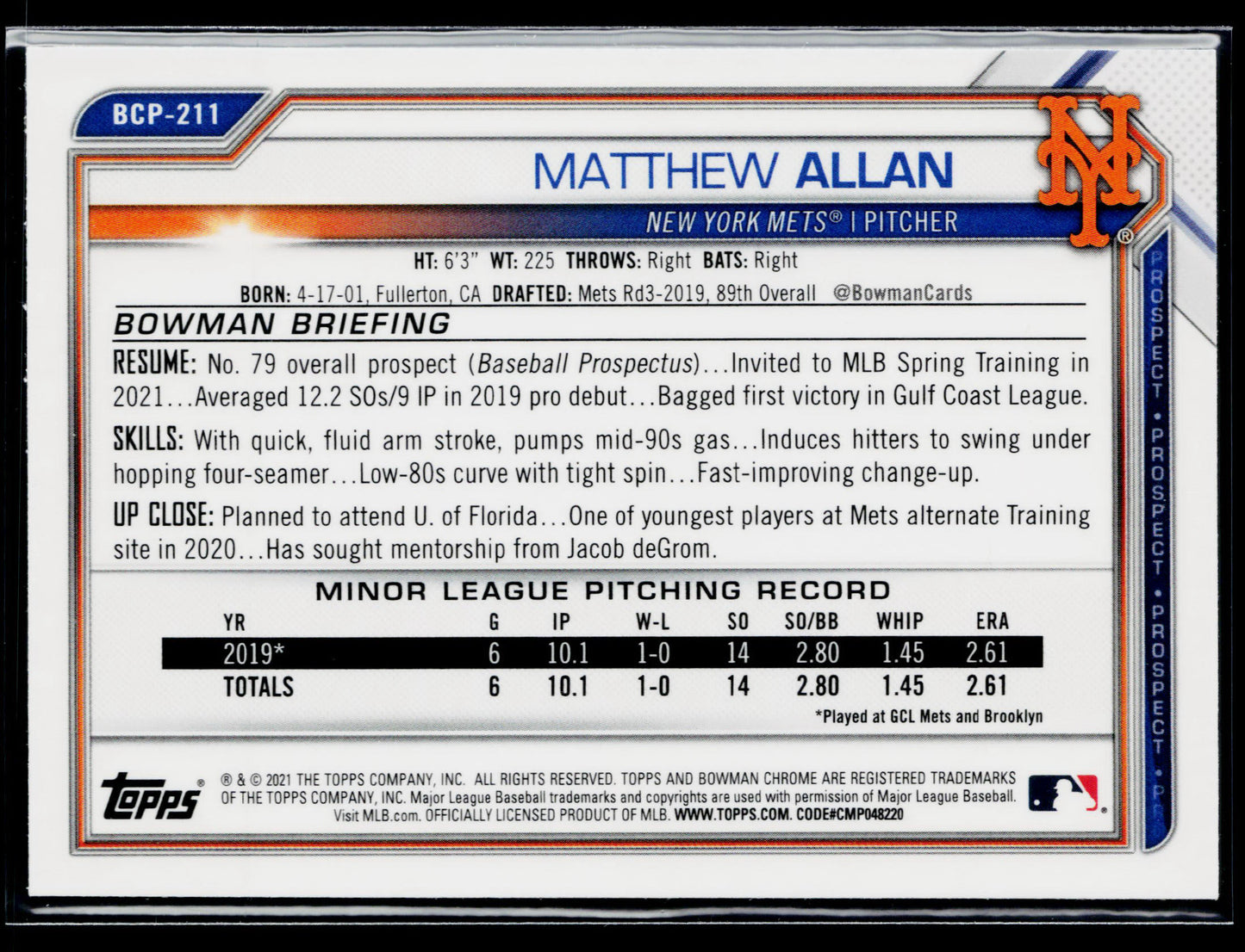 2021 Bowman Chrome Matthew Allan Prospects Mojo Refractor #BCP-211