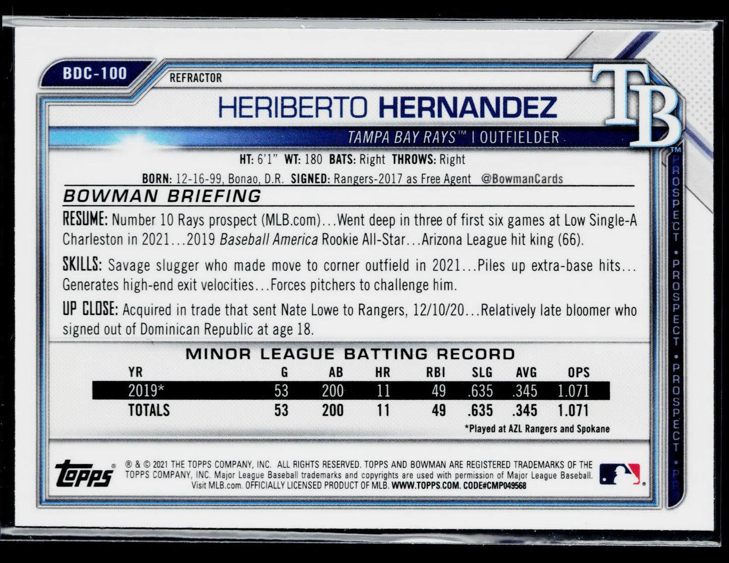 2021 Bowman Draft Heriberto Hernandez Chrome Refractor #BDC-100