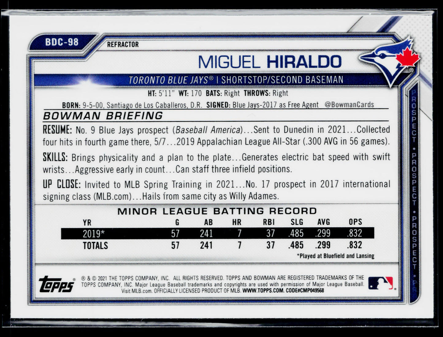 2021 Bowman Draft Miguel Hiraldo Chrome Refractor #BDC-98