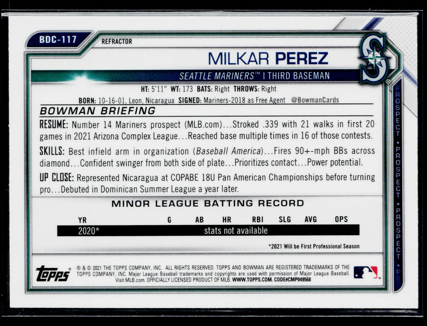 2021 Bowman Draft Milkar Perez Chrome Refractor #BDC-117