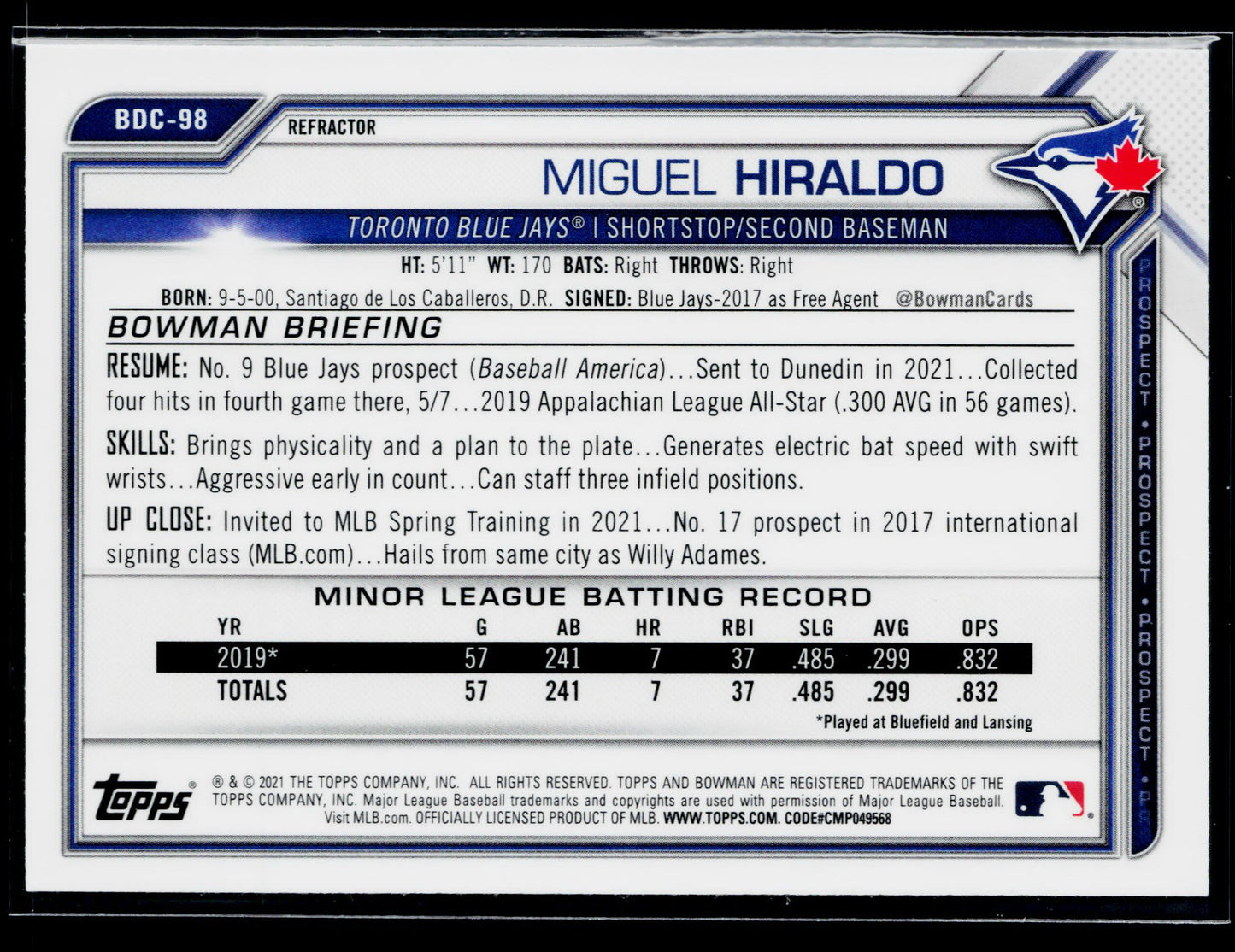 2021 Bowman Draft Miguel Hiraldo Chrome Refractor #BDC-98
