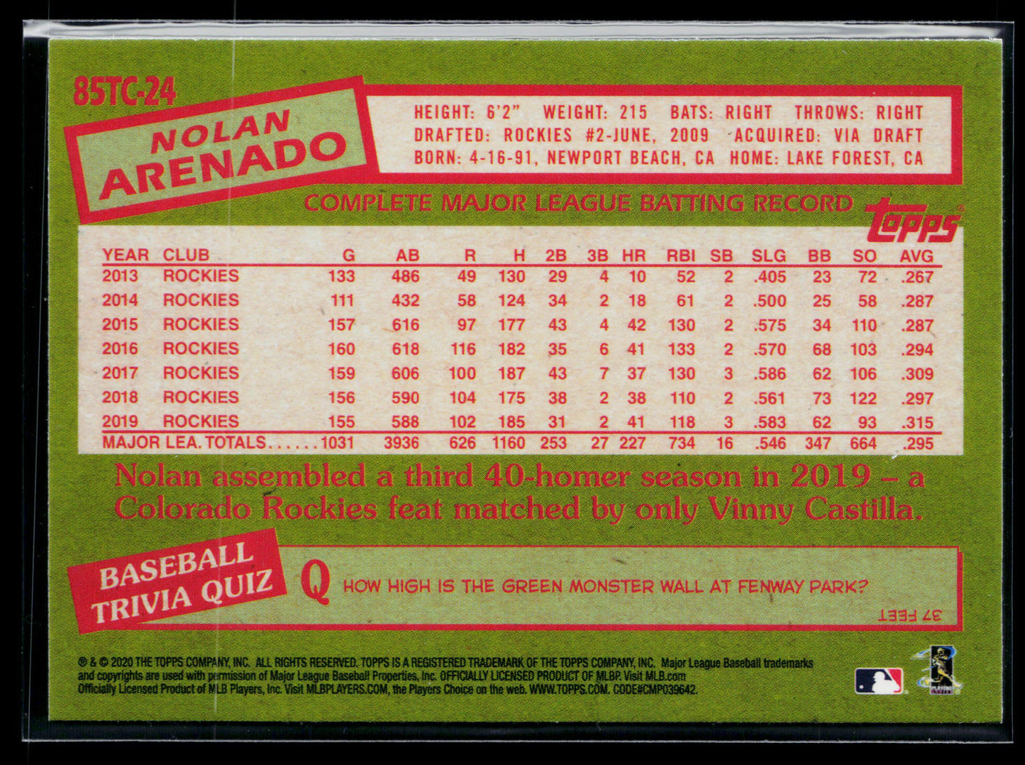 2020 Topps Chrome Nolan Arenado 1985 Topps Baseball #85TC-24
