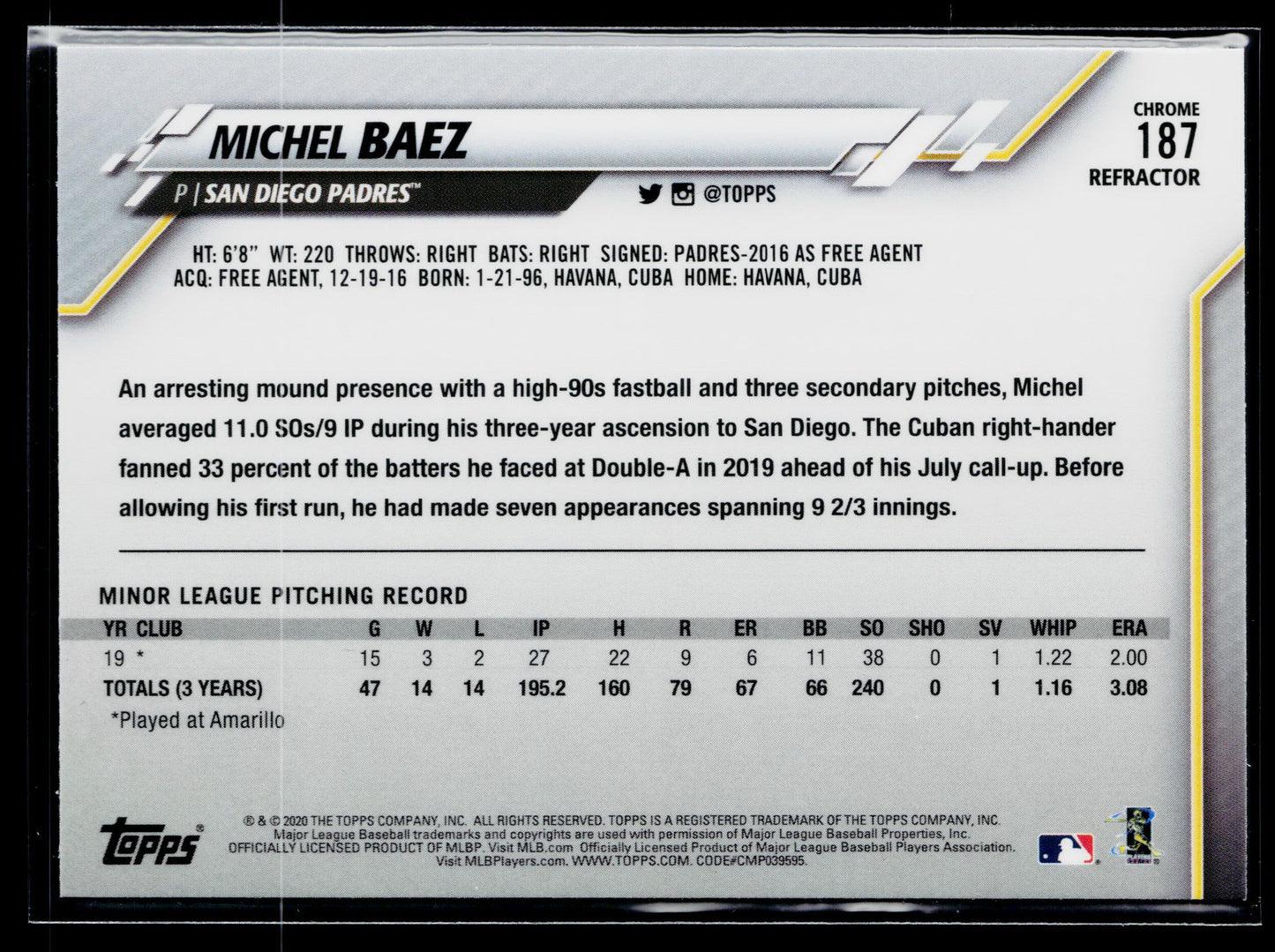 2020 Topps Chrome Michel Baez Rookie Pink Refractor #187