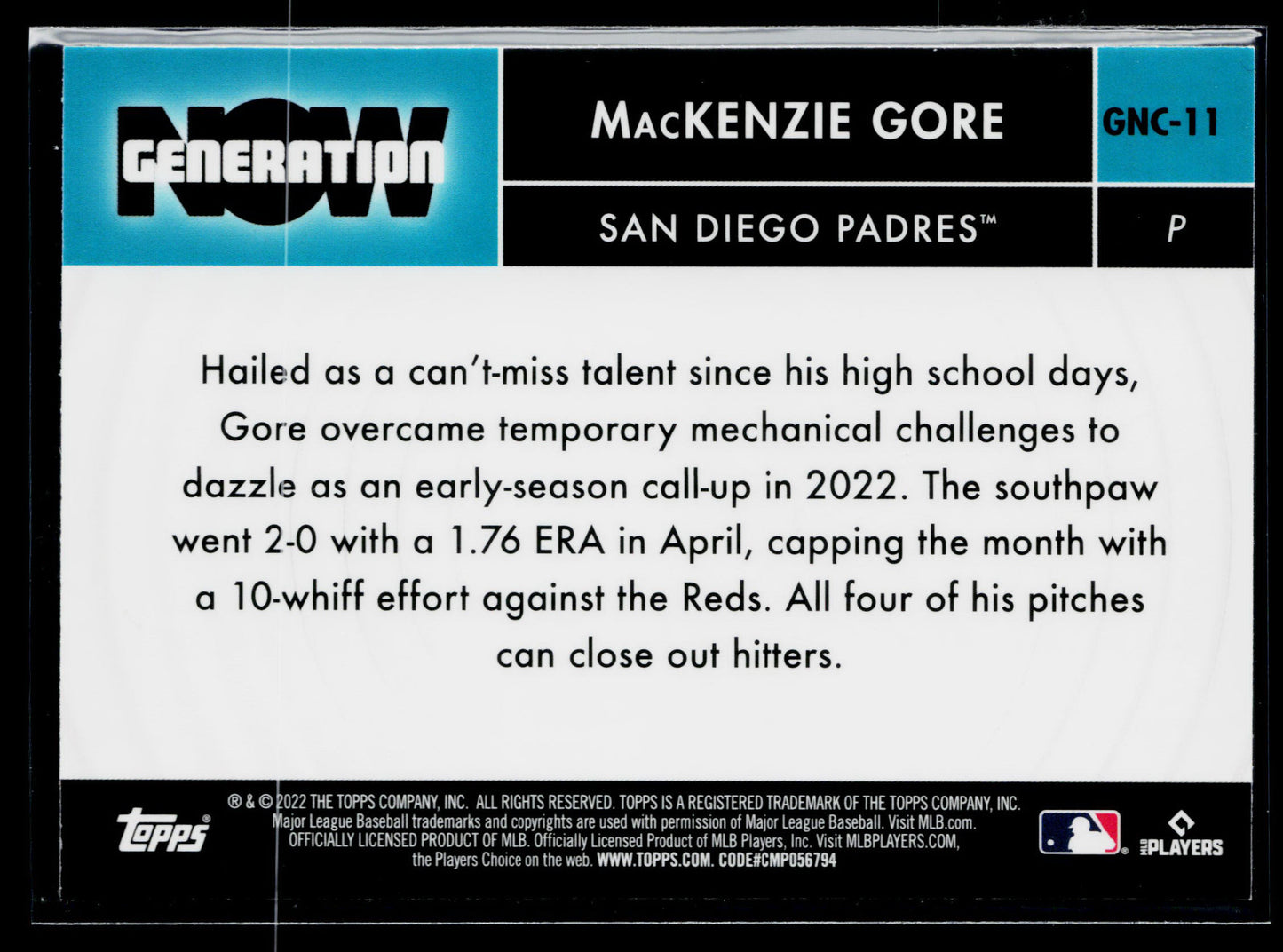 2022 Topps Chrome Update MacKenzie Gore Generation Now Chrome #GNC-11