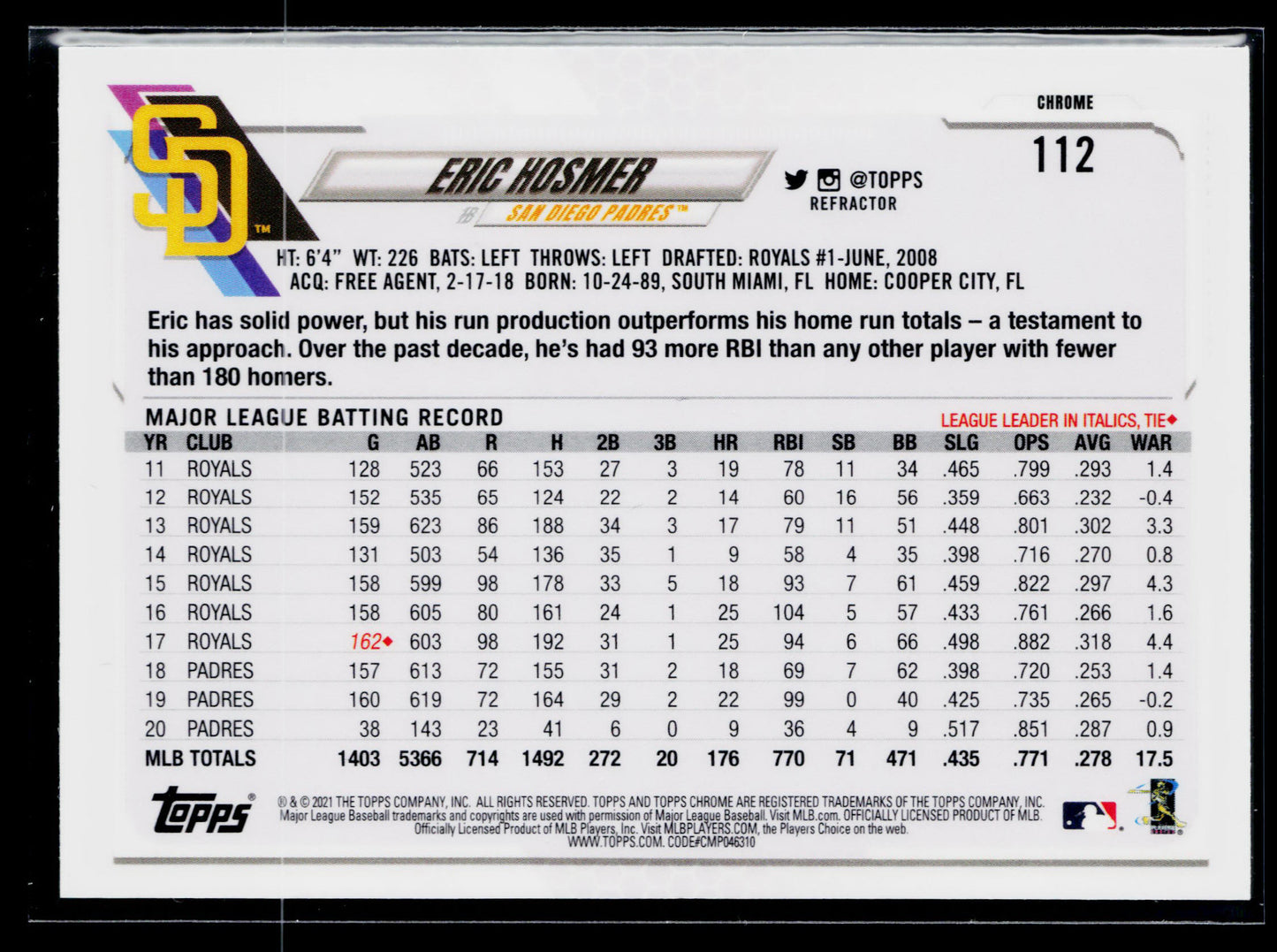 2021 Topps Chrome Eric Hosmer Sepia Refractor #112