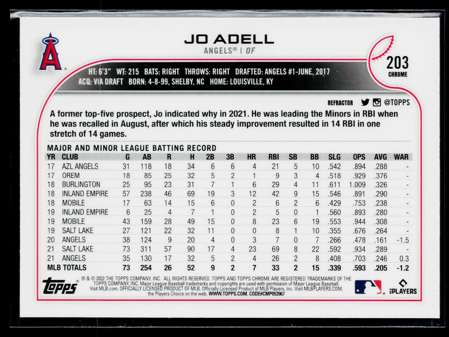 2022 Topps Chrome Jo Adell Refractor #203
