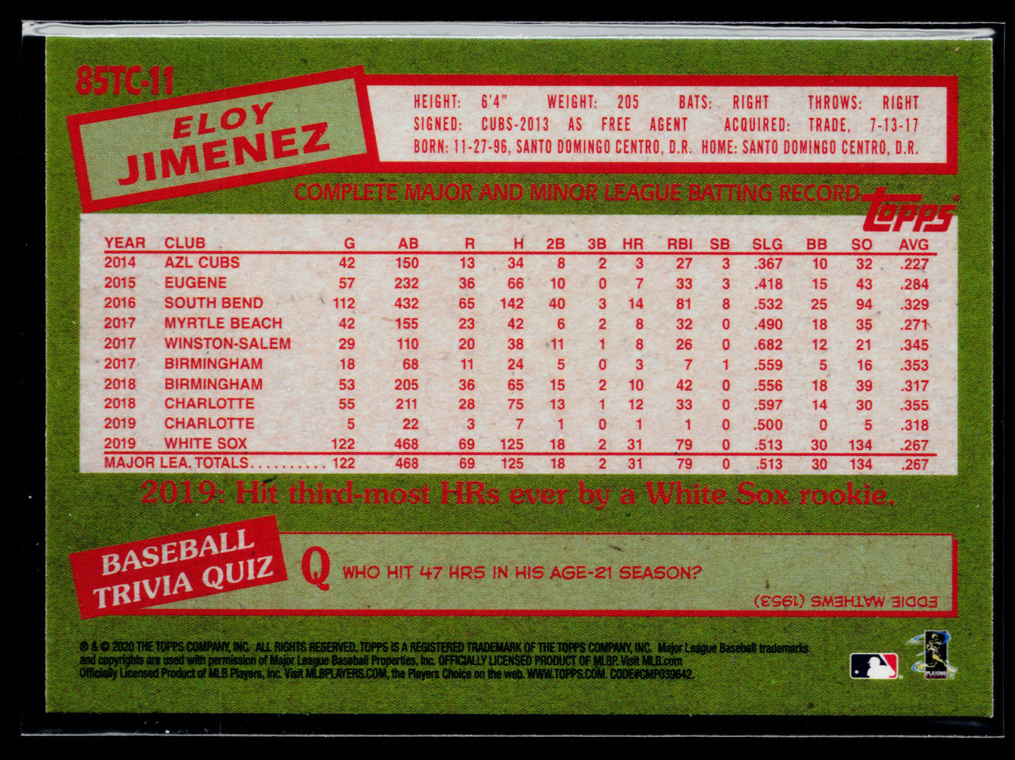 2020 Topps Chrome Eloy Jimenez 1985 Topps Baseball #85TC-11