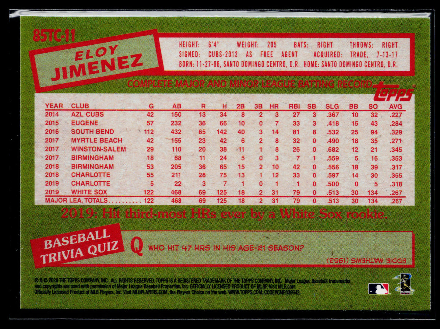 2020 Topps Chrome Eloy Jimenez 1985 Topps Baseball #85TC-11