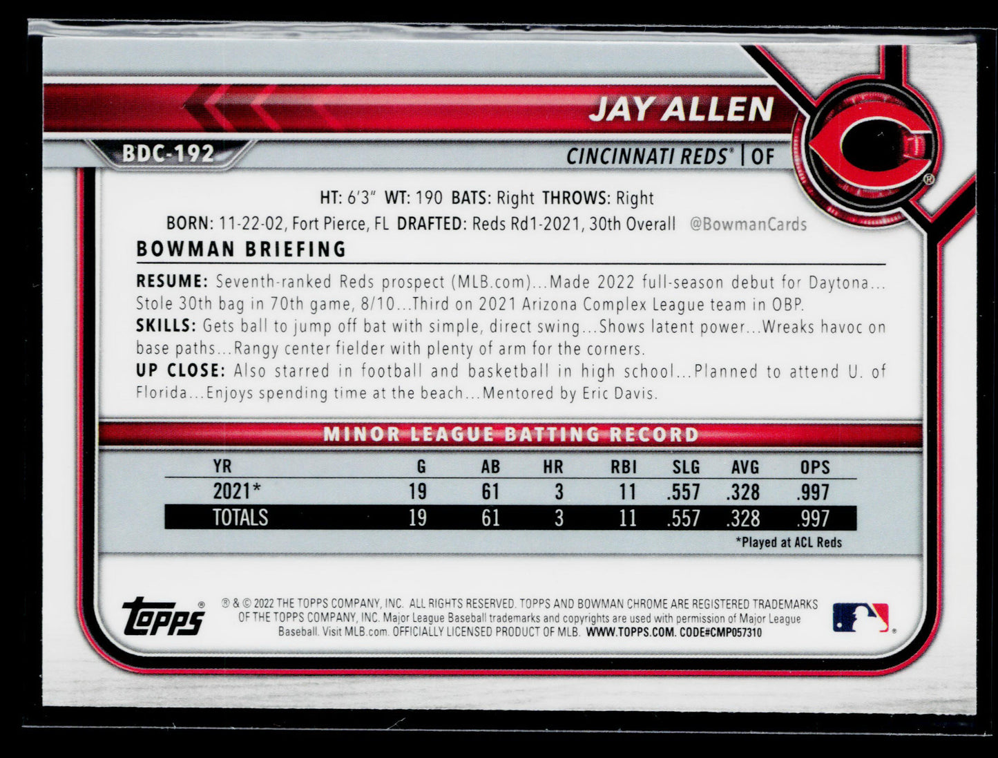 2022 Bowman Draft Jay Allen Chrome Black & White RayWave Refractor #BDC-192