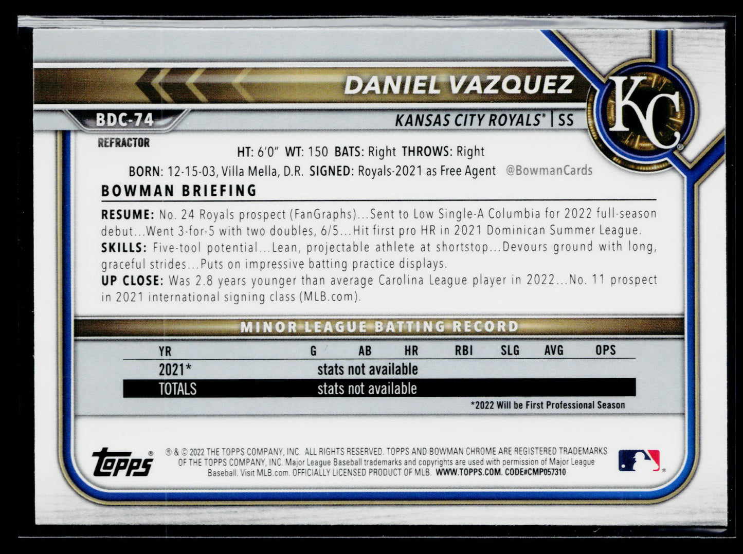 2022 Bowman Draft Daniel Vazquez Chrome Refractor #BDC-74