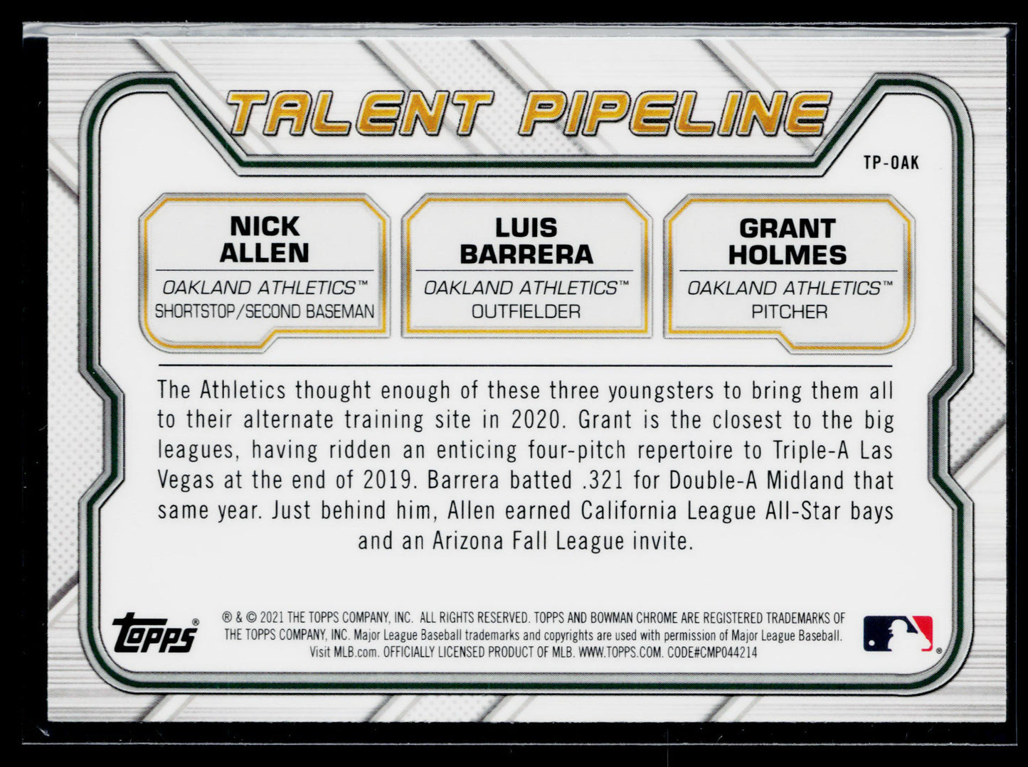 2021 Bowman Luis Barrera / Nick Allen / Grant Holmes Talent Pipeline #TP-OAK