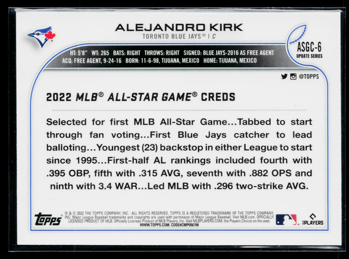 2022 Topps Chrome Update Alejandro Kirk Refractor Chrome #ASGC-6