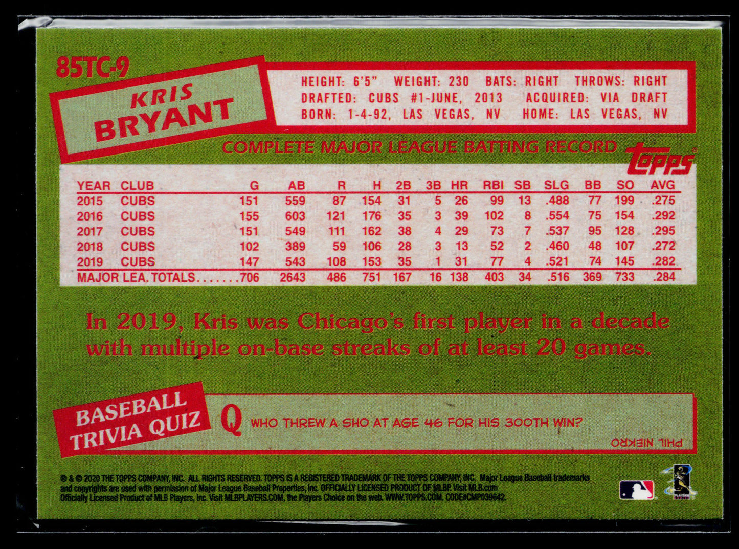 2020 Topps Chrome Kris Bryant 1985 Topps Baseball #85TC-9