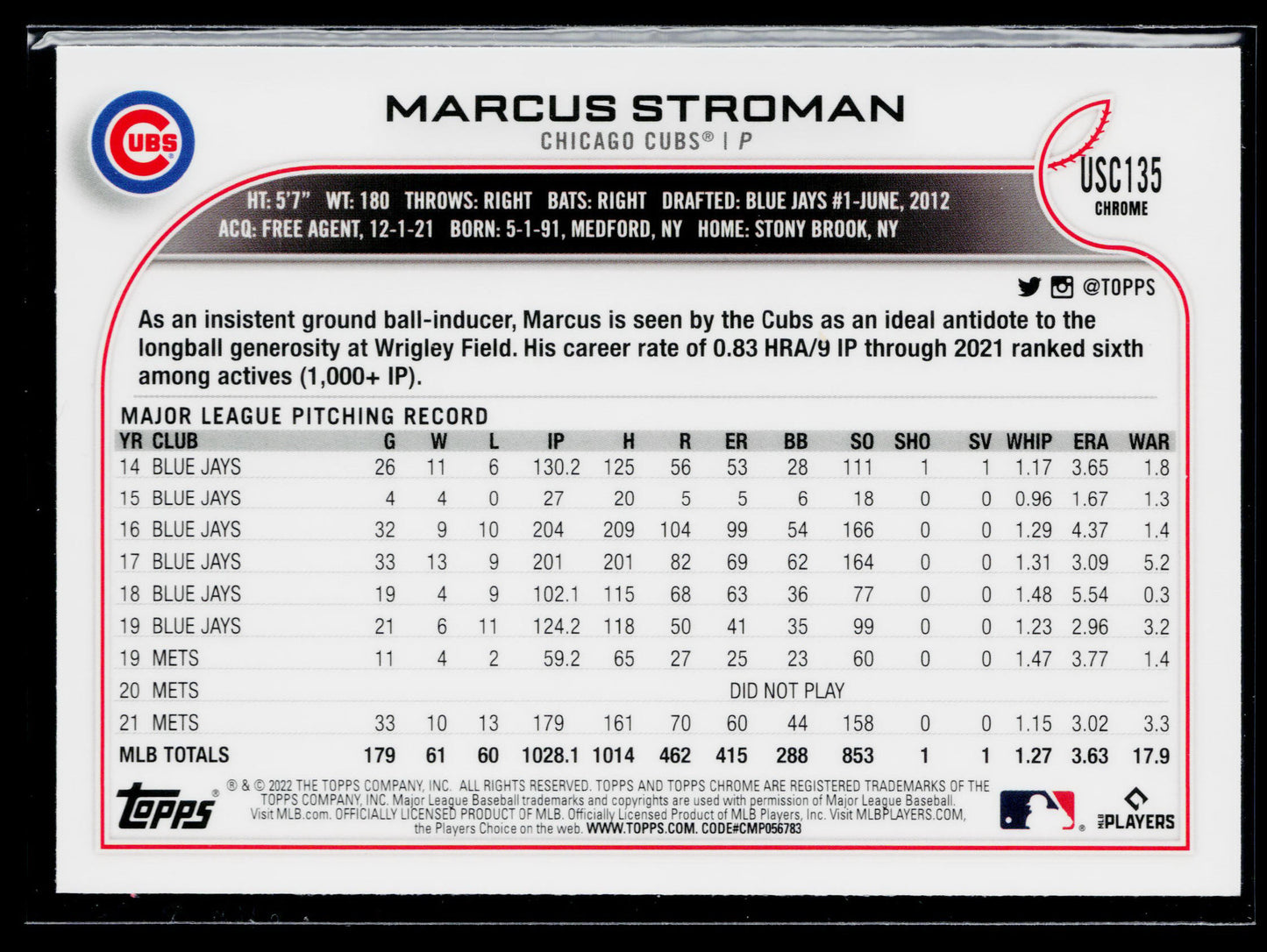 2022 Topps Chrome Update Marcus Stroman Purple Refractor #USC135