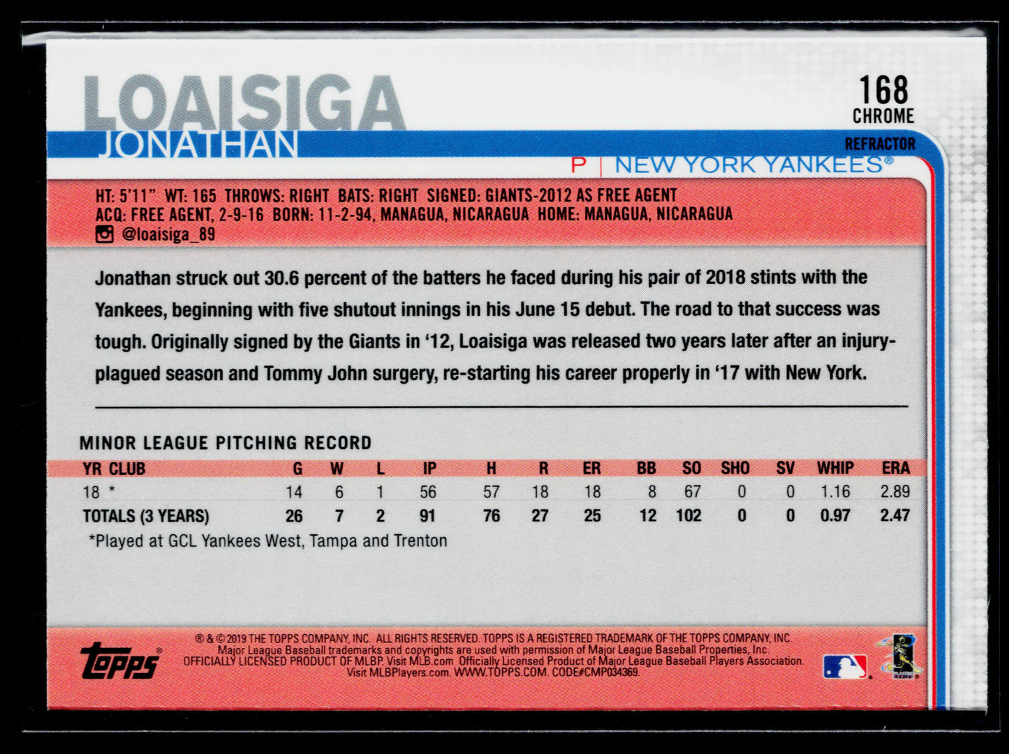 2019 Topps Chrome Jonathan Loaisiga Rookie Pink Refractor #168