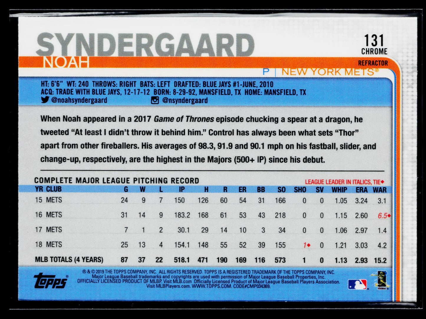 2019 Topps Chrome Noah Syndergaard Pink Refractor #131