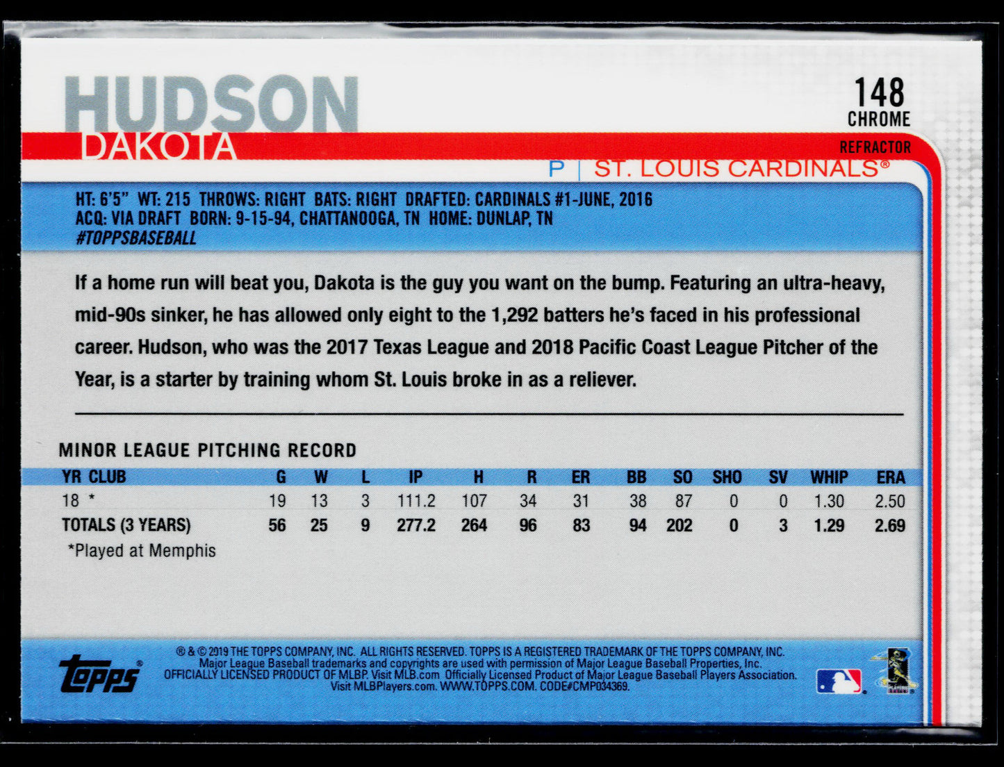2019 Topps Chrome Dakota Hudson Rookie Pink Refractor #148