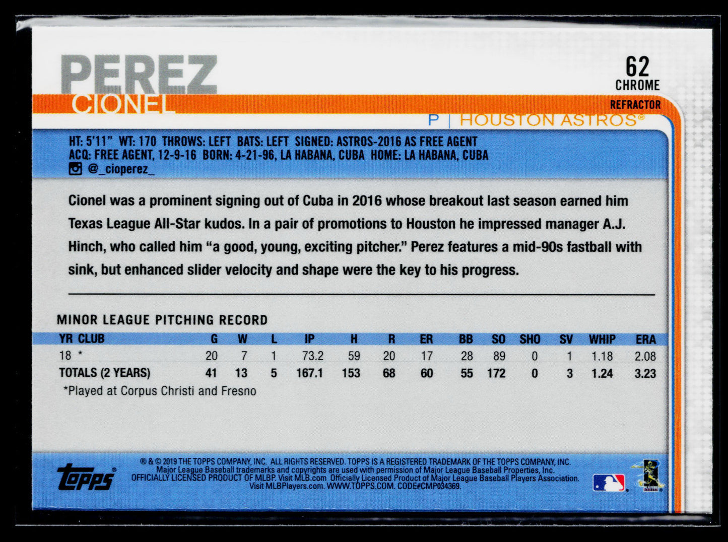 2019 Topps Chrome Cionel Perez Rookie Pink Refractor #62