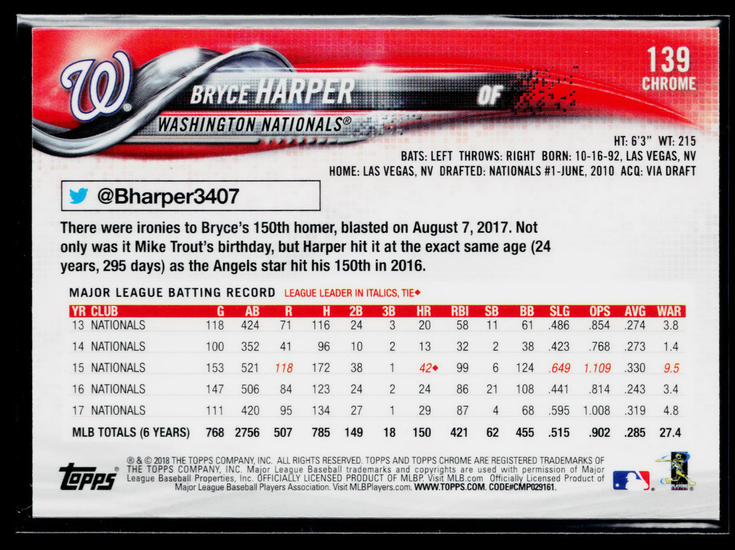 2018 Topps Chrome Bryce Harper #139