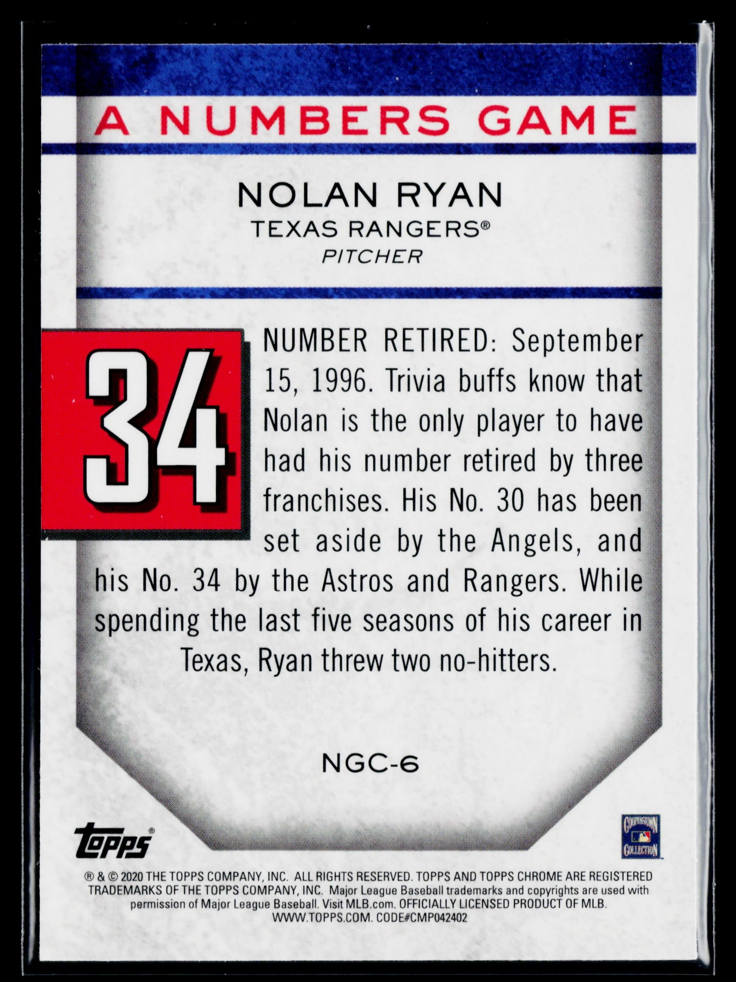 2020 Topps Update Nolan Ryan A Numbers Game Black #/299 #NG-6