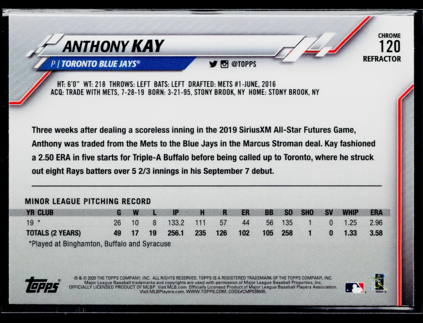 2020 Topps Chrome Anthony Kay Rookie Pink Refractor #120