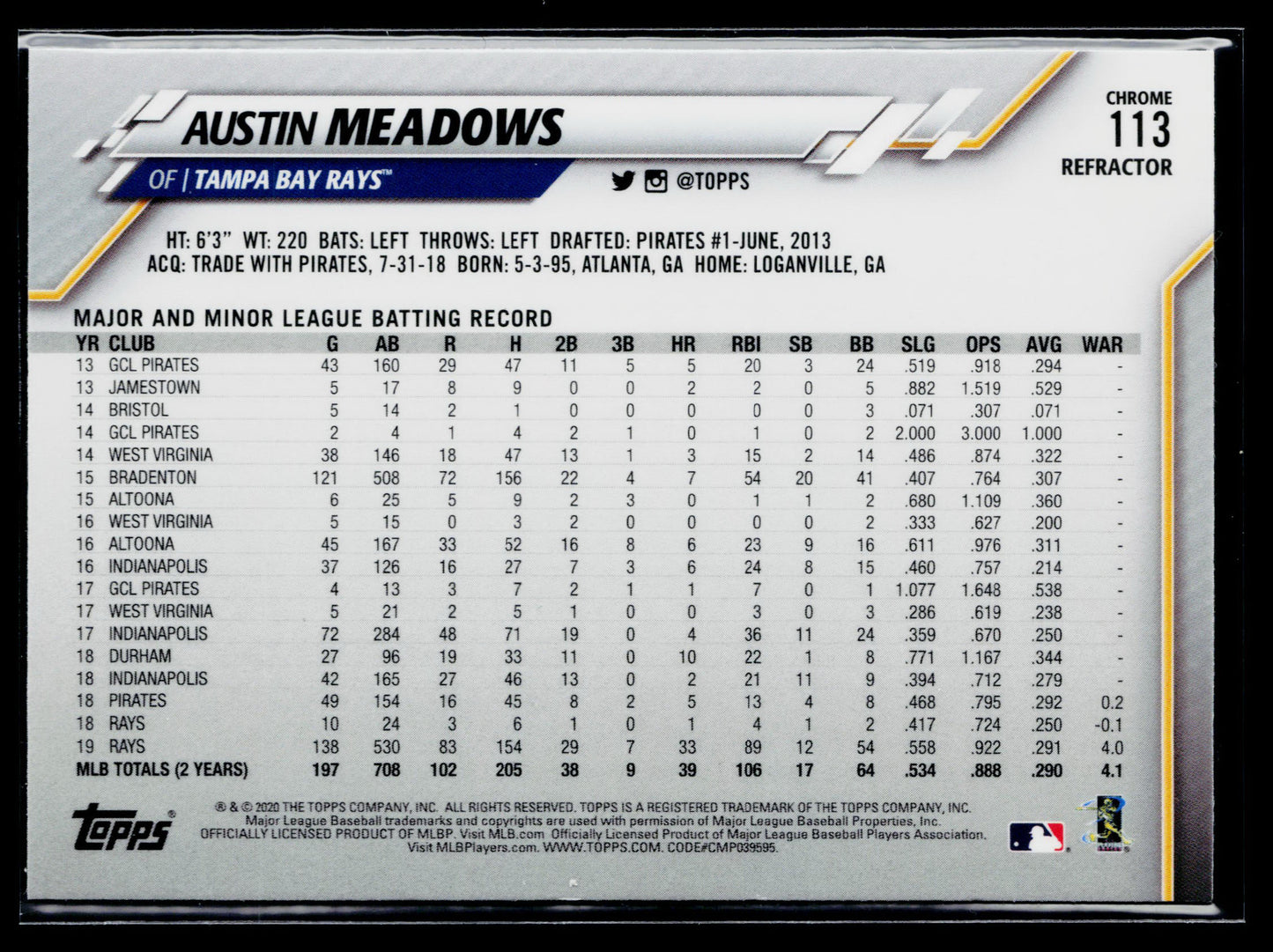 2020 Topps Chrome Austin Meadows Pink Refractor #113