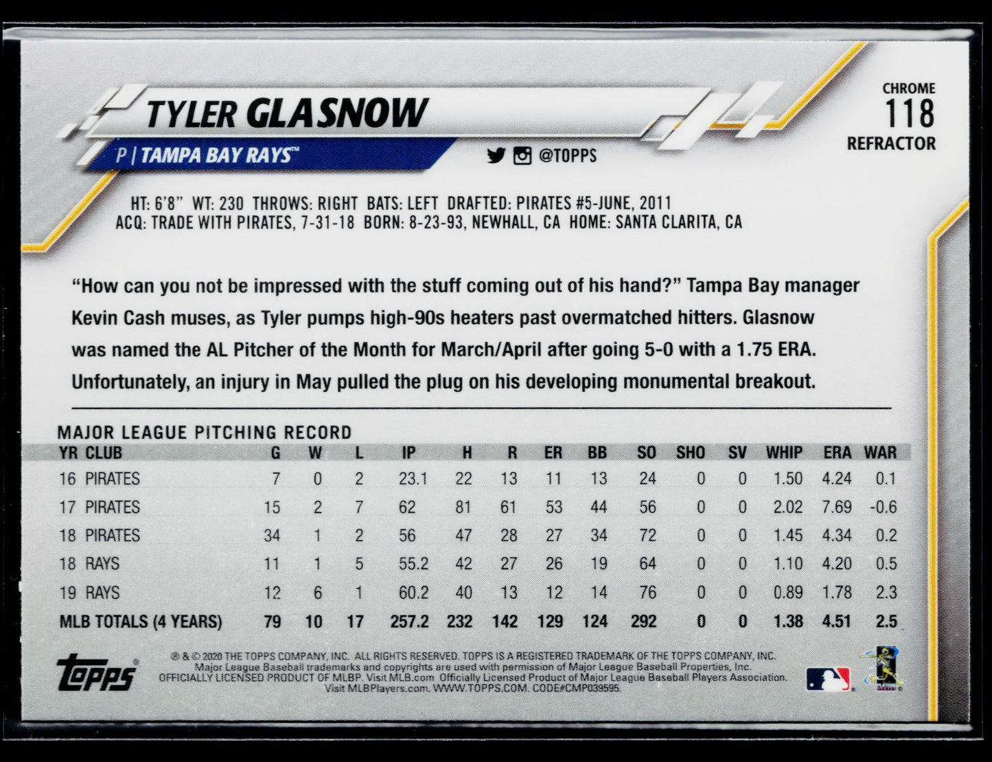 2020 Topps Chrome Tyler Glasnow Pink Refractor #118