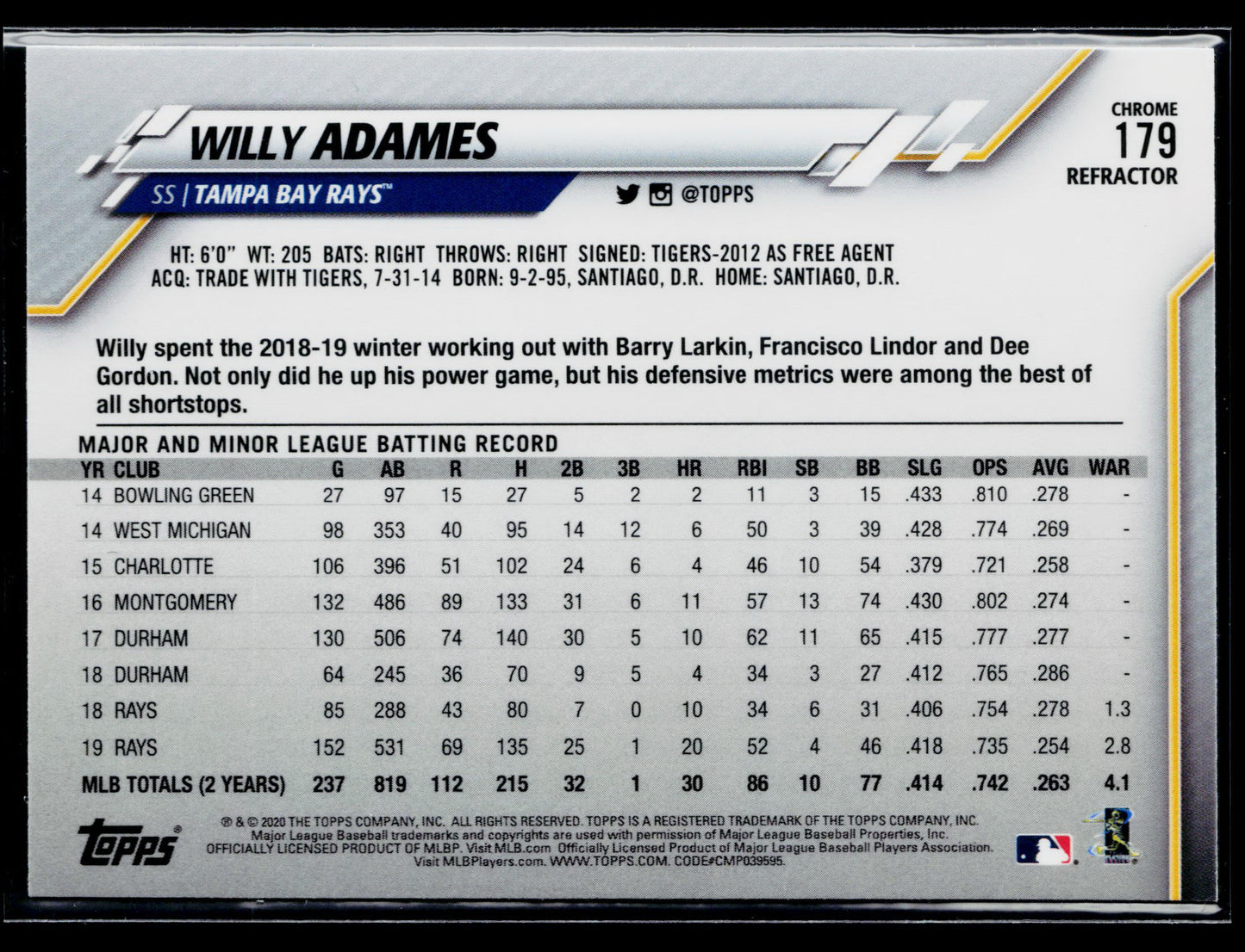 2020 Topps Chrome Willy Adames Sepia Refractor #179