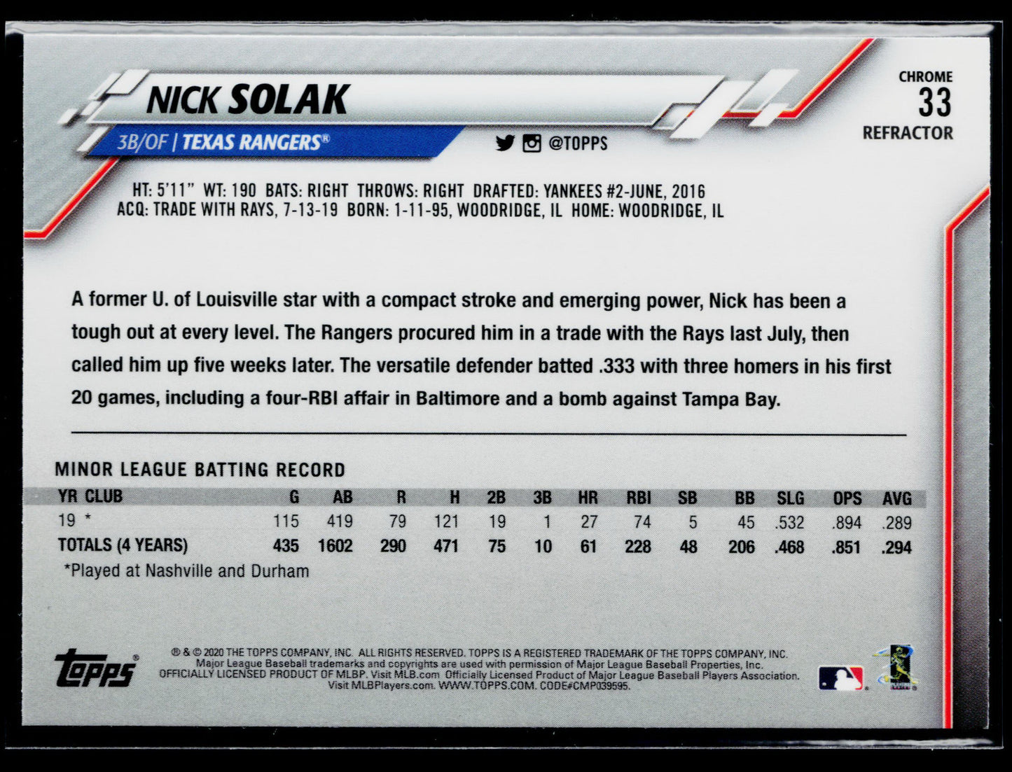 2020 Topps Chrome Nick Solak Rookie Pink Refractor #33