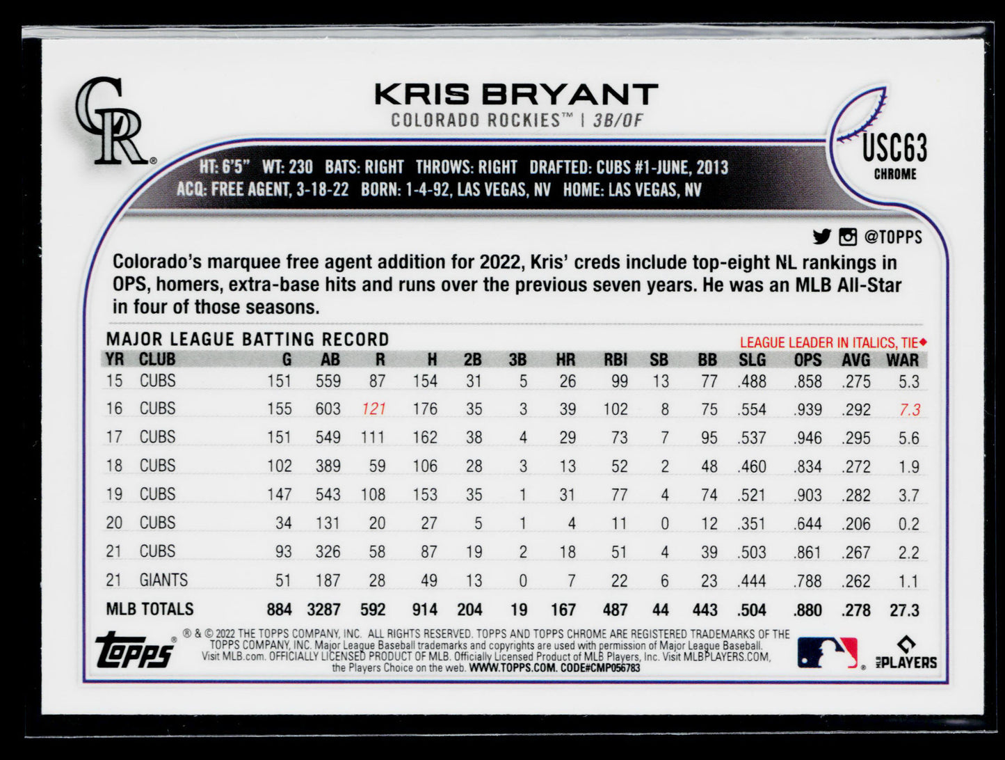 2022 Topps Chrome Update Kris Bryant Purple #USC63