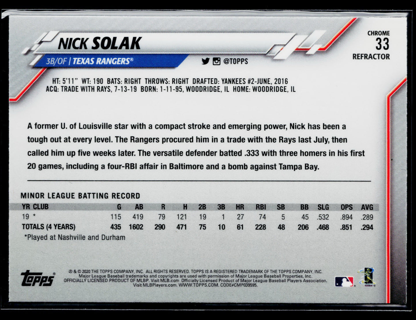 2020 Topps Chrome Nick Solak Rookie Sepia Refractor #33