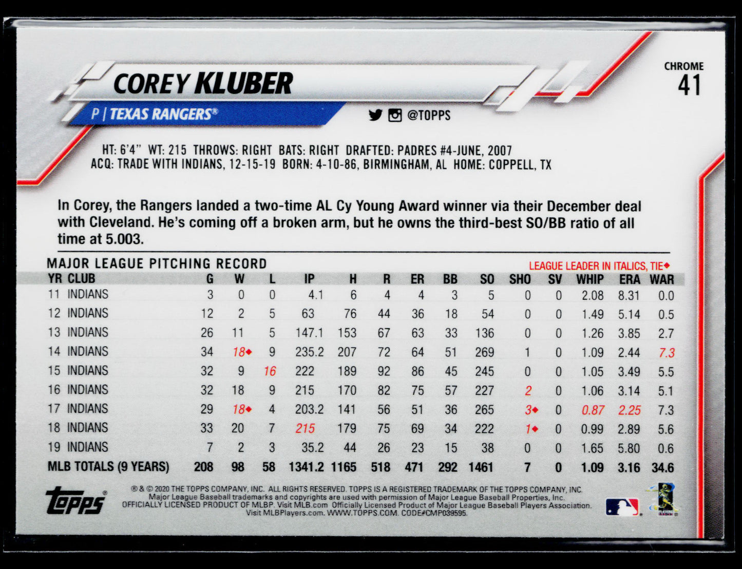 2020 Topps Chrome Corey Kluber Prism Refractor #41