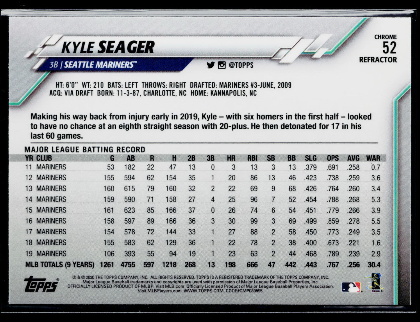 2020 Topps Chrome Kyle Seager Sepia Refractor #52