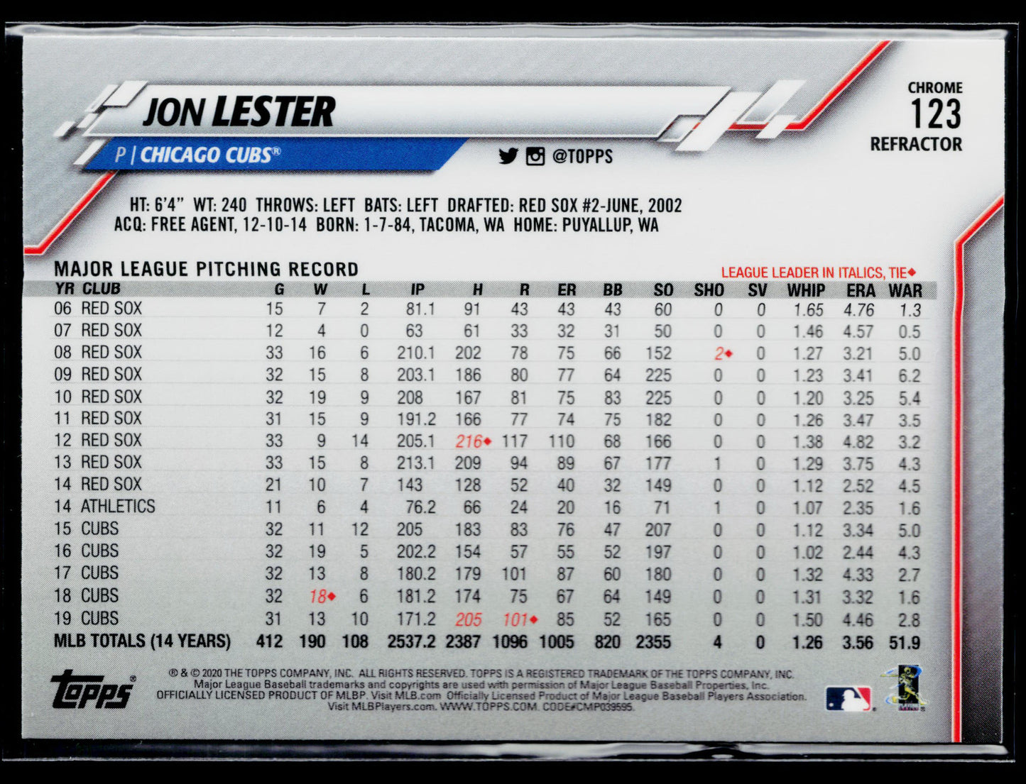 2020 Topps Chrome Jon Lester Sepia Refractor #123